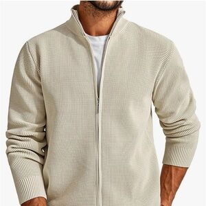 PJ Paul Jones men’s pFull Zip Sweater cream Waffle textured, casual stand collar